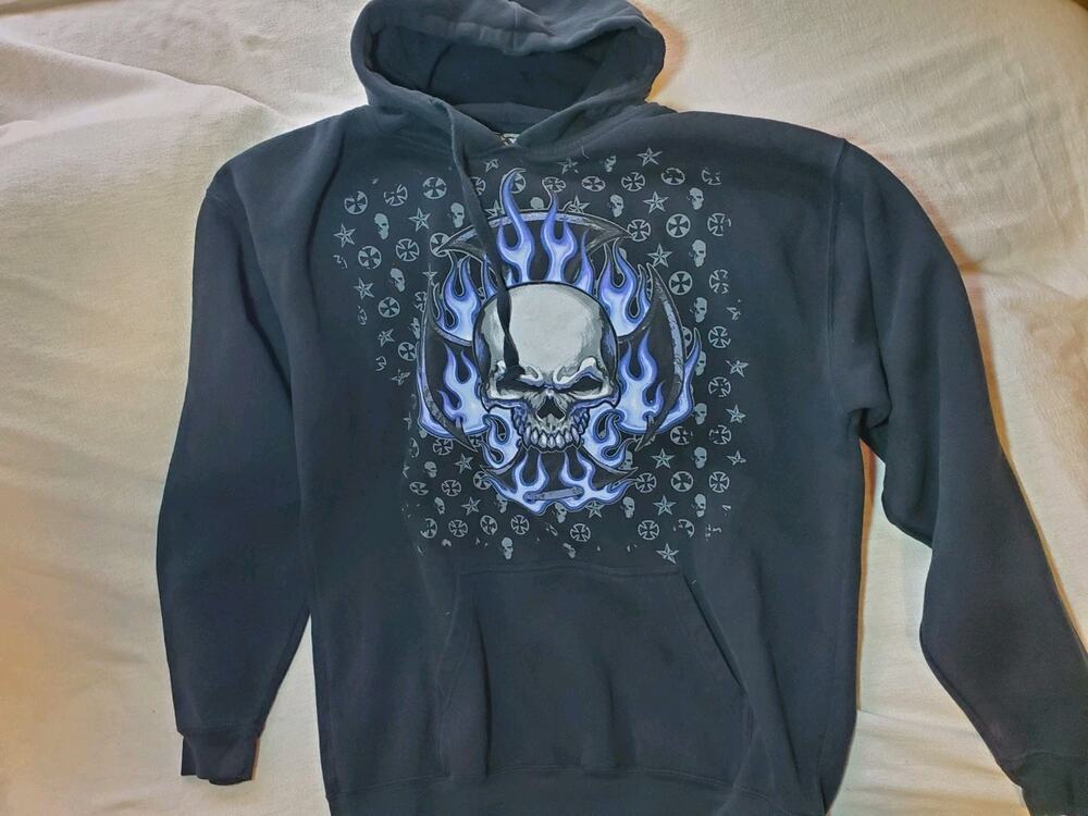 2000s Baggy Hoodie Mens XL Vintage Y2K ODM Skeleton Skull Scythe Pinkman Black